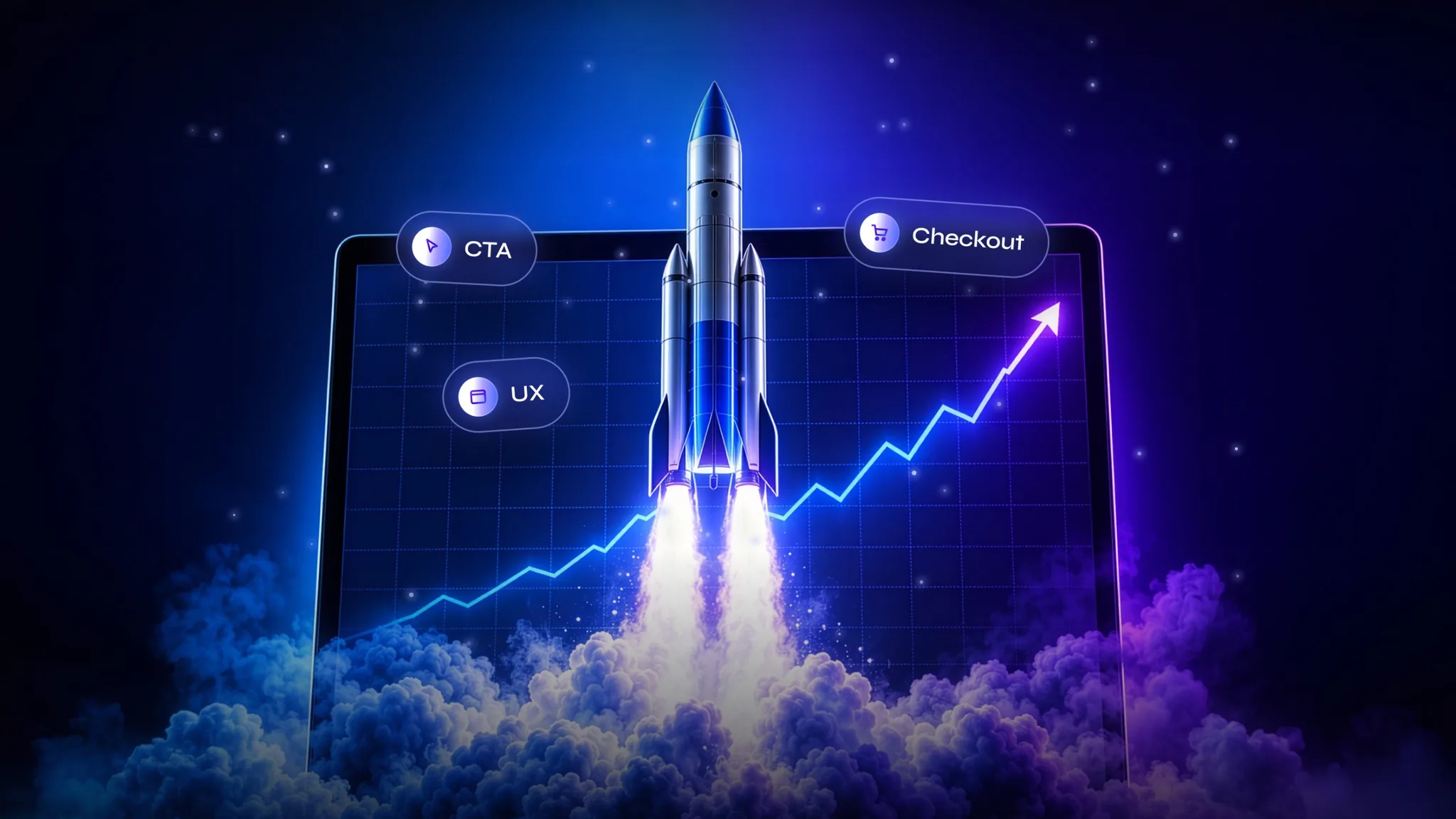 Rocket launching from a laptop screen above a rising conversion chart with CTA, UX and Checkout labels