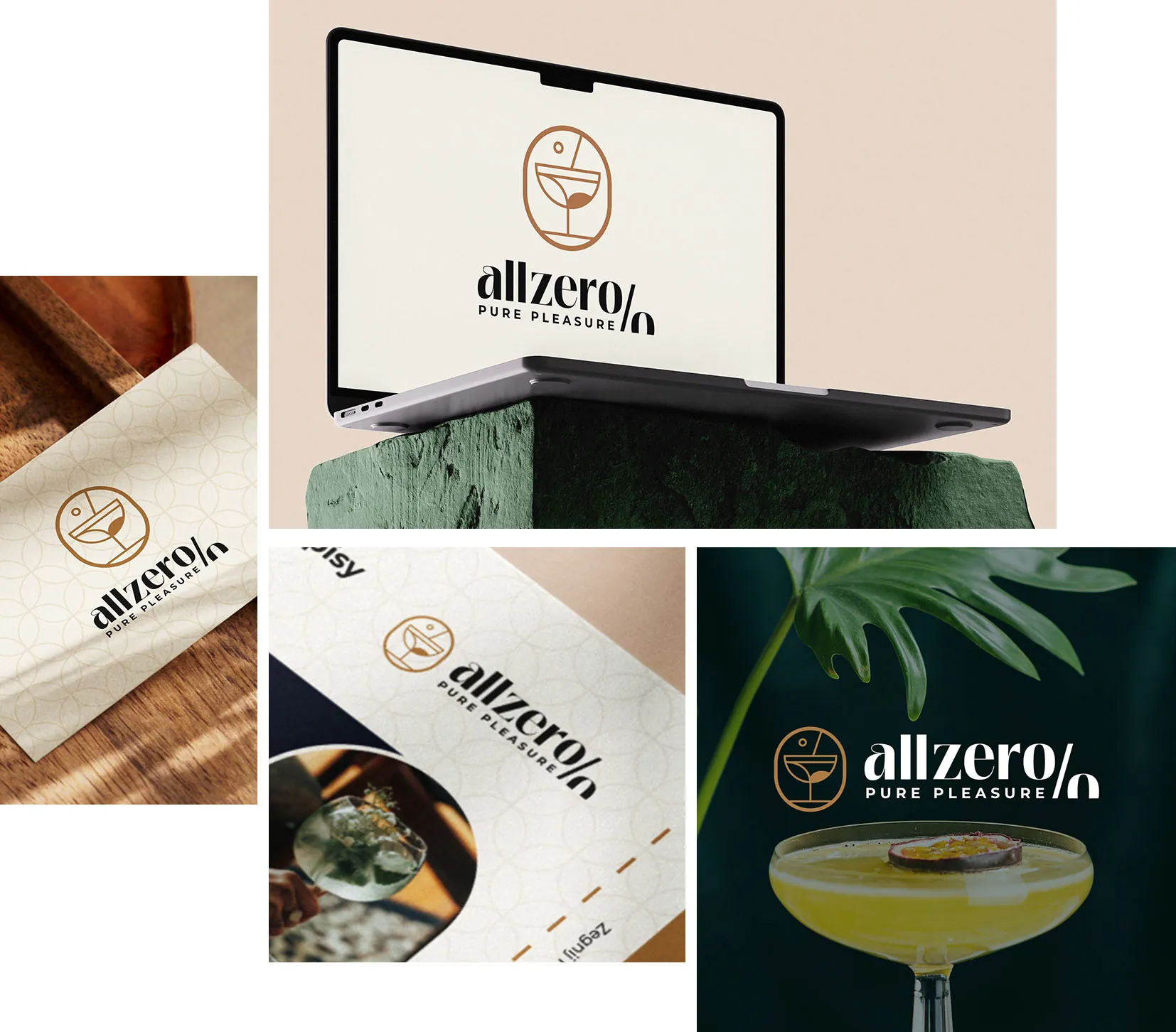 Logo Allzero na wizytówce, laptopie i napojach