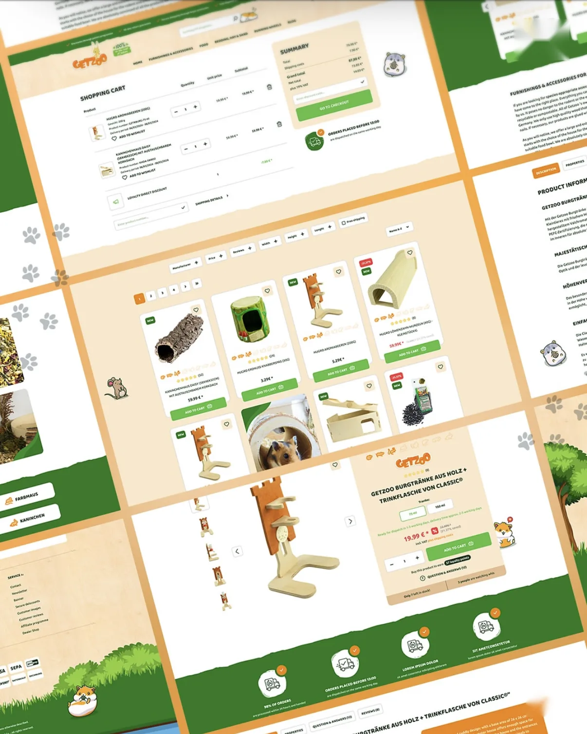 Ekrany sklepu Getzoo: koszyk, kategoria i karta produktu