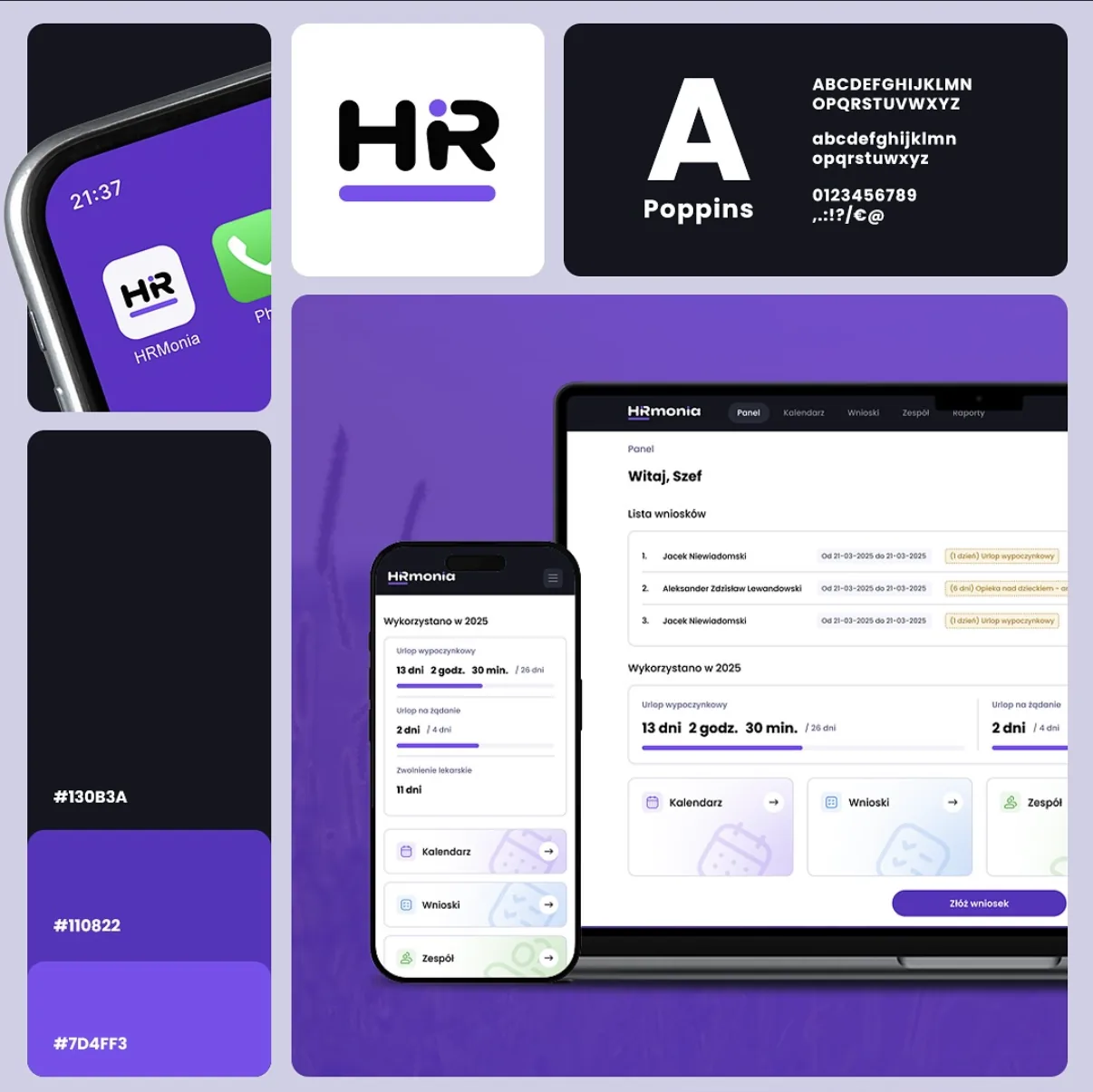 Plansza identyfikacji HRmonia: ikona aplikacji, logo, krój Poppins, kolory i ekrany aplikacji