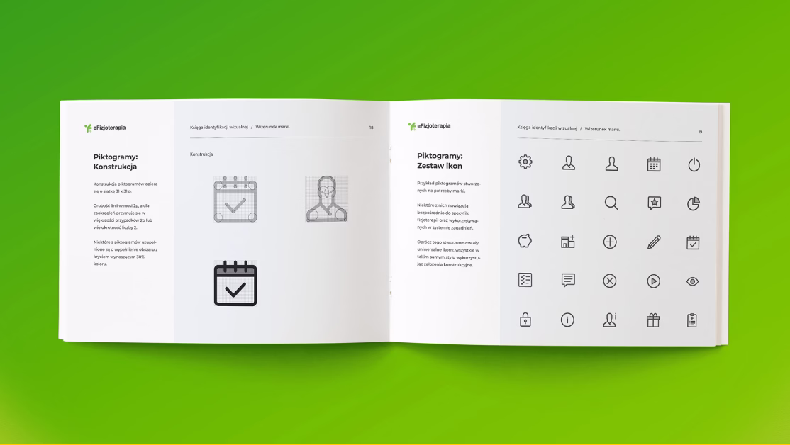 Projekt UI/UX platformy eFizjoterapia - widok konstrukcji i wariantów piktogramów